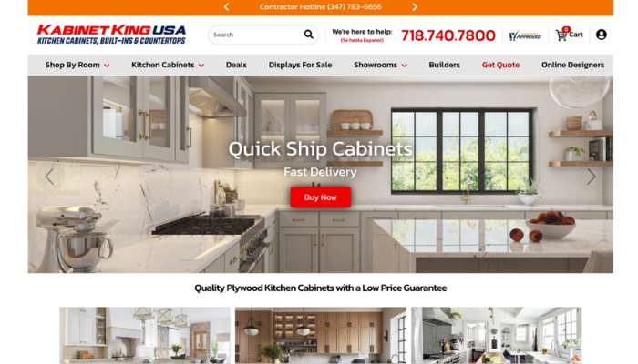 Wholesale cabinetry distribution 3 | tycoonstory media Homepage hero banner showing a modern white-kitchen with marble countertops; overlay reads 'quick ship cabinets' with a red 'buy now' button.