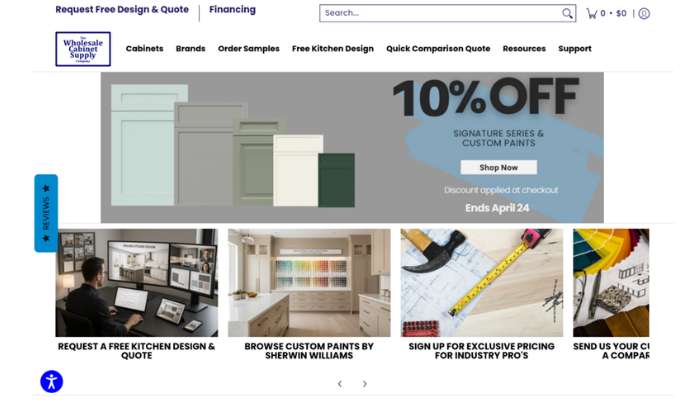 Wholesale cabinetry distribution 4 | tycoonstory media Wholesale cabinet supply homepage with a large 10% off banner and four service tiles (free kitchen design, custom paints by sherwin williams, exclusive pricing, and quotes). ;