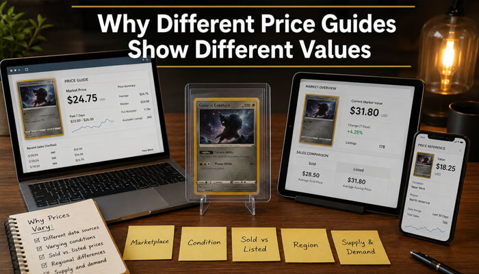 Why different price guides show different values - tycoonstory | tycoonstory media Perfect order card list value comparison image showing different price guides on laptop, tablet, and phone screens explaining why card values vary by marketplace, condition, region, and demand