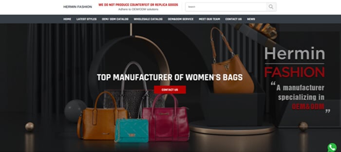 Hermin fashion | tycoonstory media Hermin fashion homepage banner displaying women’s handbag collection and branding, representing stylish production from leading oem bag manufacturers specializing in fashion bags.