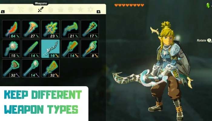 Zelda tears of the kingdom tips 3 | tycoonstory media Zelda tears of the kingdom tips showing link carrying different weapon types for combat, exploration, mining, and survival across hyrule.