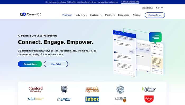 Omnichannel messaging & unified inbox - tycoonstory | tycoonstory media Hero section of a product page: the headline 'connect. Engage. Empower. ' with two cta buttons (contact sales, free trial) and a 3d product mockup; row of partner logos below.