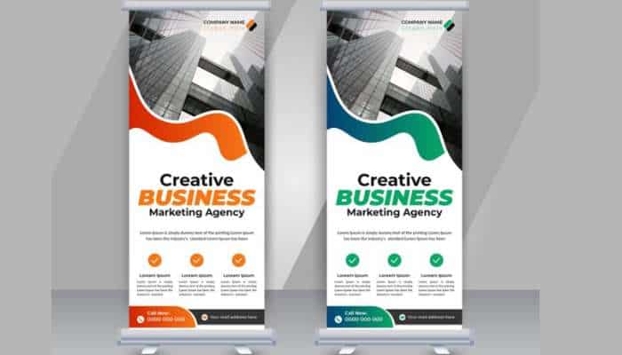 | tycoonstory media Two vertical promotional banners for creative business marketing agency, one with orange accents and curve, the other with teal accents and curve, displayed side by side.
