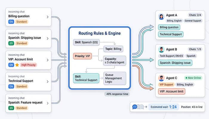 Intelligent routing & queue management - tycoonstory | tycoonstory media Diagram of a routing rules and engine flow for chat agents showing incoming chats routed to topics and skills (vip, technical support, billing) and agent queues.
