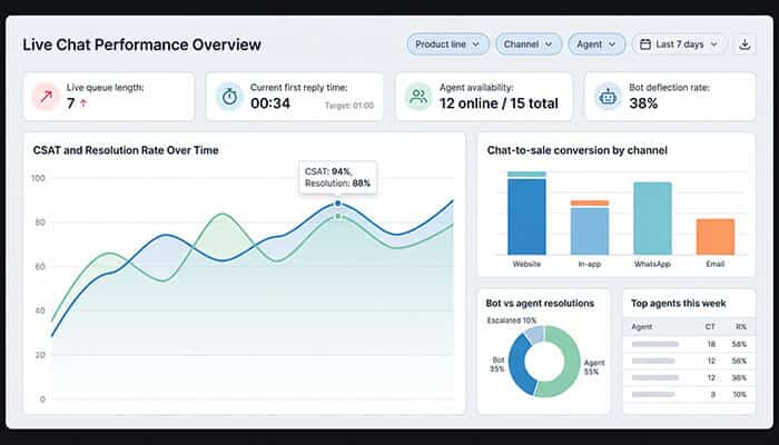 Reporting & analytics dashboard - tycoonstory | tycoonstory media Dashboard titled 'live chat performance overview' with csat/resolution line chart and agent availability widgets at the top row.