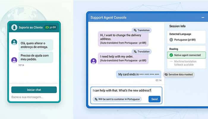 Multilingual support & real-time translation - tycoonstory | tycoonstory media Side-by-side screenshots of a teal mobile customer-support chat and a blue desktop agent console with translated chat bubbles and language badges.