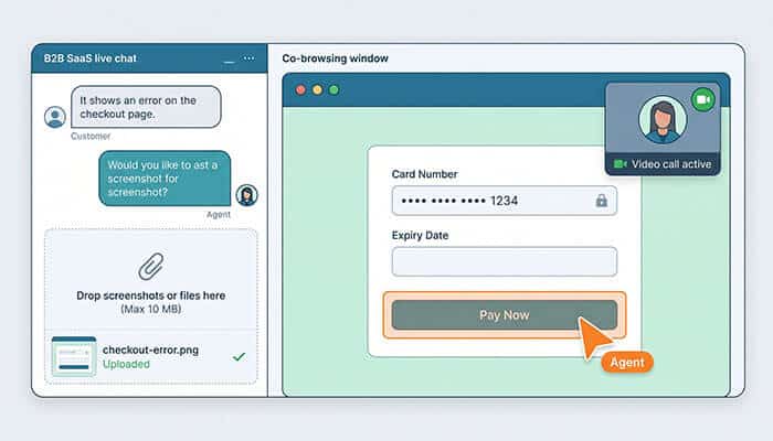 File sharing, co-browsing & rich media - tycoonstory | tycoonstory media Split-screen: left panel shows a live chat with an agent; right panel shows a co-browsing checkout form with masked card number and a pay now button.