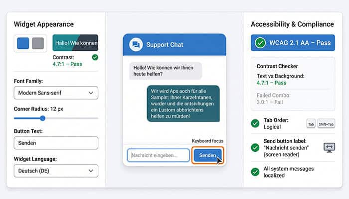 Customization & accessibility - tycoonstory | tycoonstory media Three-panel ui showing widget appearance settings, a support chat window with text input and blue send button, and accessibility & compliance checks.