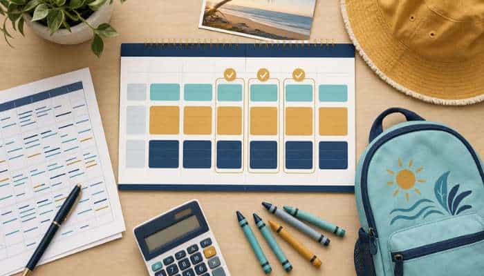 A parents guide to choosing the best kindergarten on the sunshine coast 1 | tycoonstory media Top-down view of a desk with a color-coded weekly planner, calculator, pens, notebook, straw hat, and a blue backpack.
