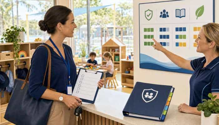 A parents guide to choosing the best kindergarten on the sunshine coast 2 | tycoonstory media Parent at the front desk of a daycare, holding a clipboard; staff member points to a wall color/ icon chart as children play in the background.