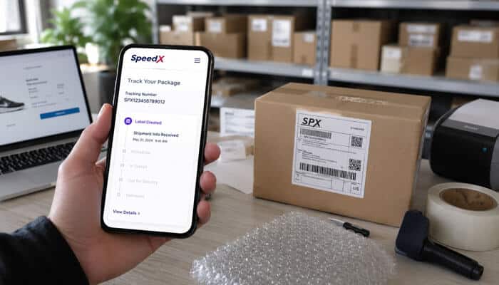 A speed x tracking number does not mean speedx has the package - tycoonstory | tycoonstory media Customer using speedx tracking on a smartphone beside an spx-labeled parcel in a warehouse packing and shipping workspace.