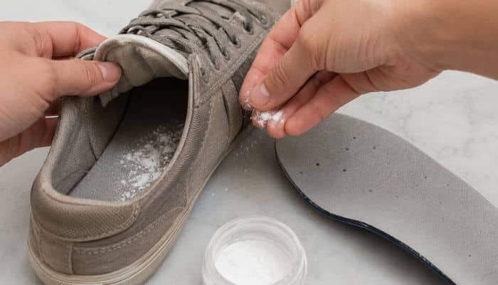 Add cornstarch baking soda or talc-free foot powder under the insole - tycoonstory | tycoonstory media How to stop shoes from squeaking by adding powder under the sneaker insole to reduce moisture and friction.