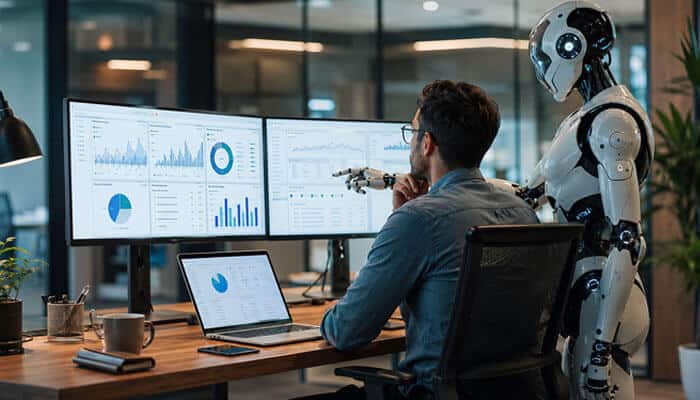 Ai agents are the next stage of marketing automation - tycoonstory | tycoonstory media Will digital marketing be replaced by ai? A digital marketer analyzing performance dashboards with an ai robot assistant, representing the future of ai-powered marketing analytics, automation, and human-ai collaboration.