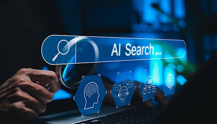Ai searcj | tycoonstory media Hand interacting with a virtual ai search interface, illustrating the importance of link building in driving visibility and authority in modern search.