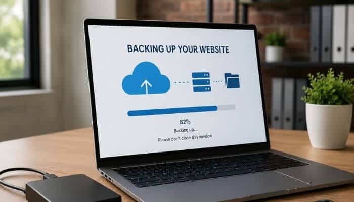 Back up your website before troubleshooting 1 | tycoonstory media Plugin not working in wordpress backup process displayed on a laptop before troubleshooting plugin errors and website issues.