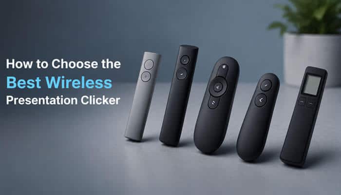 How to choose the best wireless presentation clicker - tycoonstory | tycoonstory media Choosing the best wireless presentation clicker with multiple remote options showing different designs, controls, and features for powerpoint presentations.