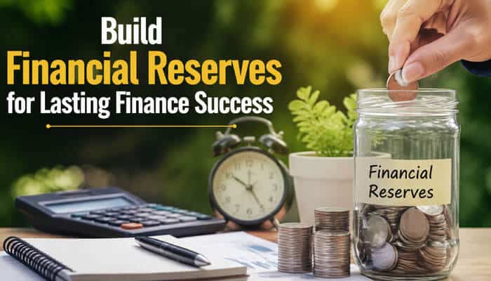 Build financial reserves for lasting finance success - tycoonstory | tycoonstory media Finance success concept showing financial reserves, savings jar, coins, and money planning for building long-term financial security.