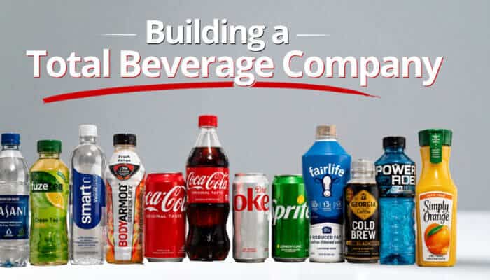 Building a total beverage company - tycoonstory | tycoonstory media James quincey and pedro pizarro leadership vision represented through the total beverage company strategy, showcasing diverse coca-cola beverage brands and portfolio expansion