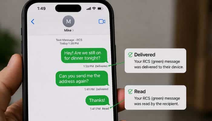 Can a green rcs message show delivered or read | tycoonstory media How to know if someone blocked you on imessage showing a real iphone with green rcs messages displaying delivered and read receipts, explaining that rcs delivery confirmations do not confirm blocking.