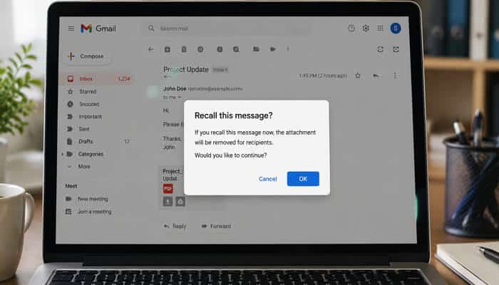 Can you recall or delete an attachment after sending - tycoonstory | tycoonstory media Can you unsend an email by recalling an attachment from gmail with a message recall confirmation window on a laptop.