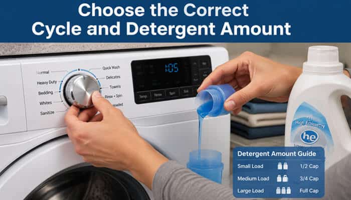 Choose the correct cycle and detergent amount - tycoonstory | tycoonstory media How to remove dog hair from clothes by selecting the correct washing machine cycle and detergent amount, showing proper laundry settings for removing pet hair from clothes effectively.