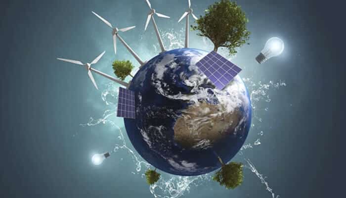 Energy assets still drive the global economy - tycoonstory | tycoonstory media Energy assets in transition illustrated with earth surrounded by wind turbines, solar panels, trees, and clean energy symbols, representing the integration of renewable energy, climate resilience, esg investing, and the global low-carbon economy.