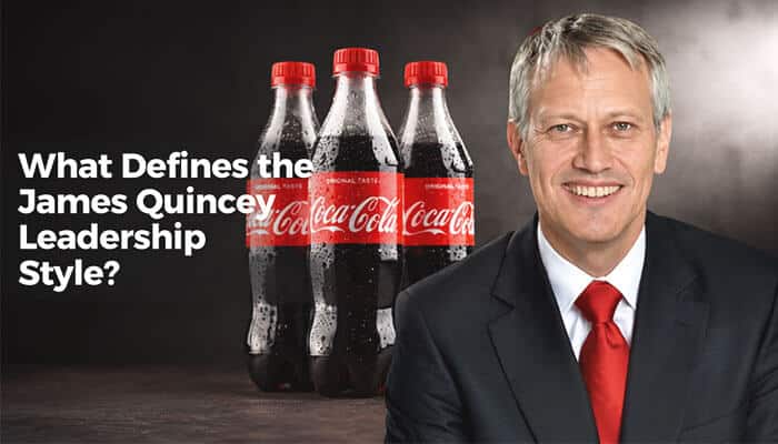 What defines the james quincey leadership style? - tycoonstory | tycoonstory media James quincey leadership style concept featuring a smiling corporate executive, coca-cola bottles, and a question about his leadership approach.