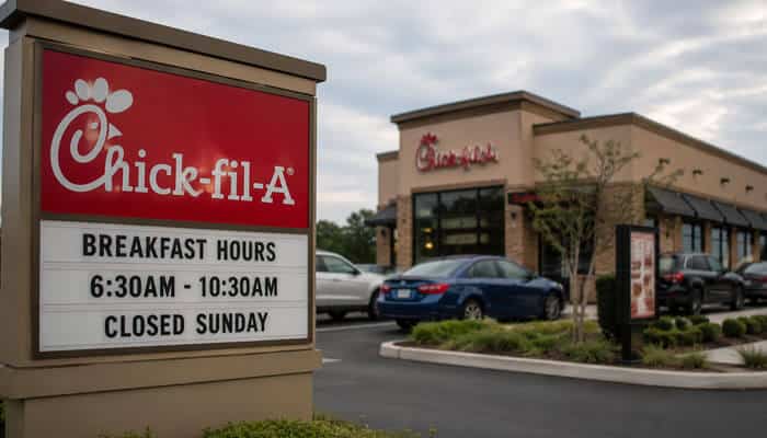 Does every chick-fil-a use the same breakfast schedule - tycoonstory | tycoonstory media What time does chick-fil-a stop serving breakfast sign displaying breakfast hours from 6:30 am to 10:30 am outside a chick-fil-a restaurant.