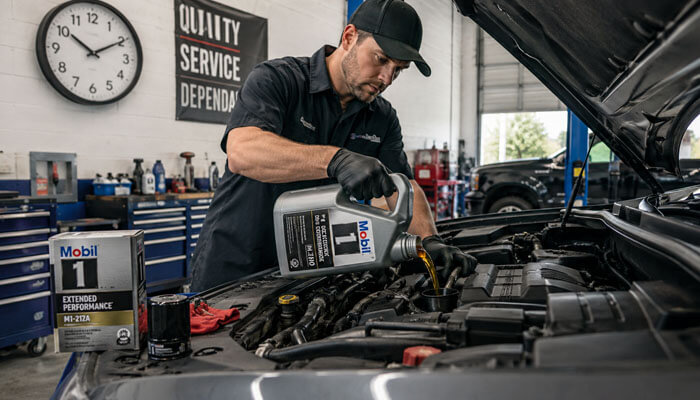 Does synthetic oil change the time - tycoonstory | tycoonstory media Experienced technician pouring fresh engine oil during a scheduled vehicle maintenance service, demonstrating how long does an oil change take with a professional oil replacement process that protects engine performance and extends vehicle life.