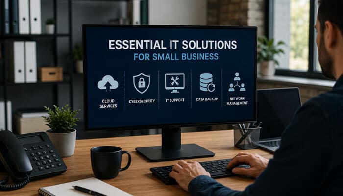 Essential it solutions for small business - tycoonstory | tycoonstory media It solutions for small business dashboard showing cloud services, cybersecurity, it support, data backup and network management.