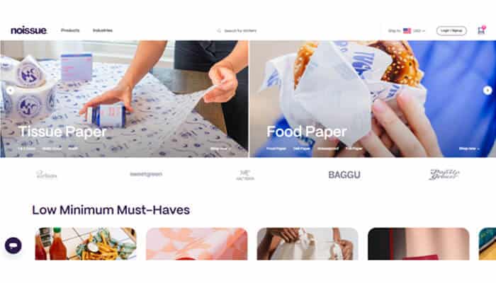 Noissue - tycoonstory | tycoonstory media Noissue homepage hero with tissue paper and food paper banners side by side, above a navigation bar.