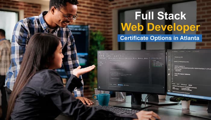 Full stack web developer certificate options in atlanta - tycoonstory | tycoonstory media Instructor mentoring aspiring full stack web developer students during hands-on coding training with real-world software development projects in a modern classroom.