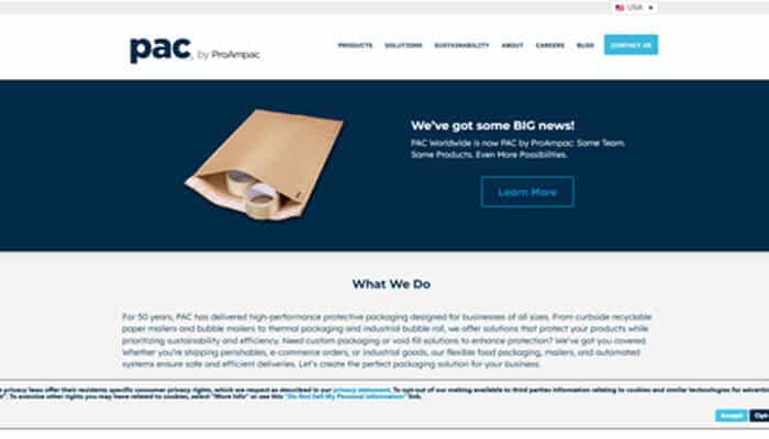 Pac worldwide - tycoonstory | tycoonstory media Hero banner on pac by propac site: navy panel with a brown paper bag and tape, announcing big news with a learn more button.