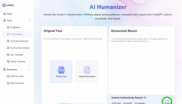 Making ai-assisted writing sound human | tycoonstory media Lynote ai humanizer interface showing ai text transformation tools for creating natural, human-like content with advanced writing features.