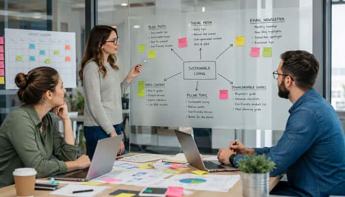 How does a content pillar strategy work - tycoonstory | tycoonstory media Marketing team planning what is a content pillar strategy using blog posts, social media, videos, newsletters, and downloadable guides.