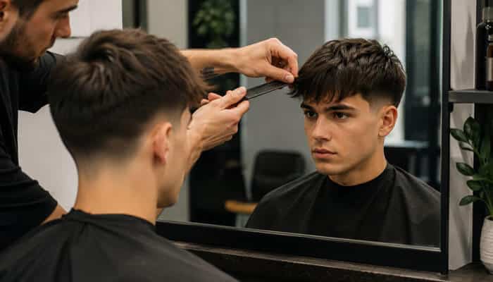 How long does your hair need to grow - tycoonstory | tycoonstory media Barber styling a low taper fade with textured fringe haircut with scissors, creating a textured fringe and refined taper fade for a modern men’s hairstyle.