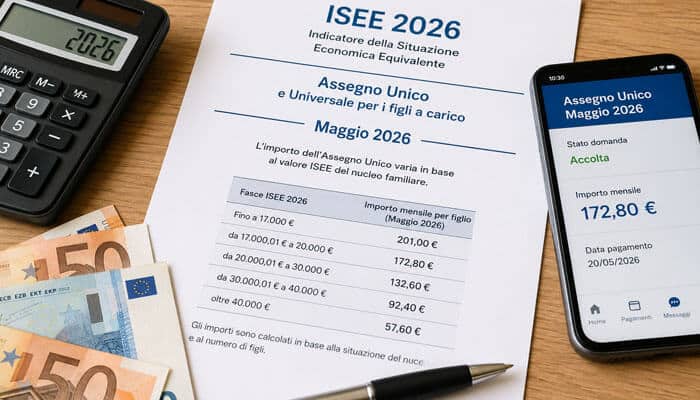 How the 2026 isee affected assegno unico maggio 2026 - tycoonstory | tycoonstory media Assegno unico maggio 2026 amount based on isee 2026, shown on an inps mobile application beside income documents, a calculator and euro notes.