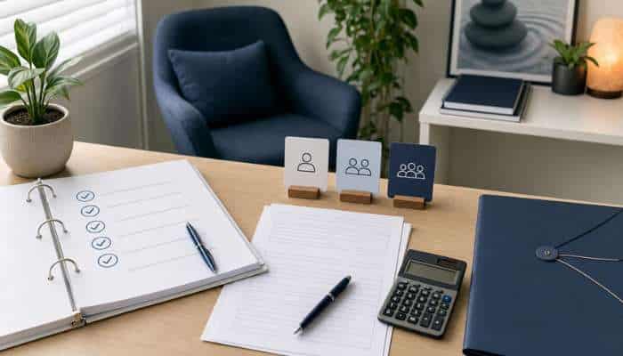 How to become a hypnotherapist in australia and build a career | tycoonstory media A tidy office desk with a checklists notebook, papers, pen, calculator, and a blue binder, plus a small plant and decorative icons of people.