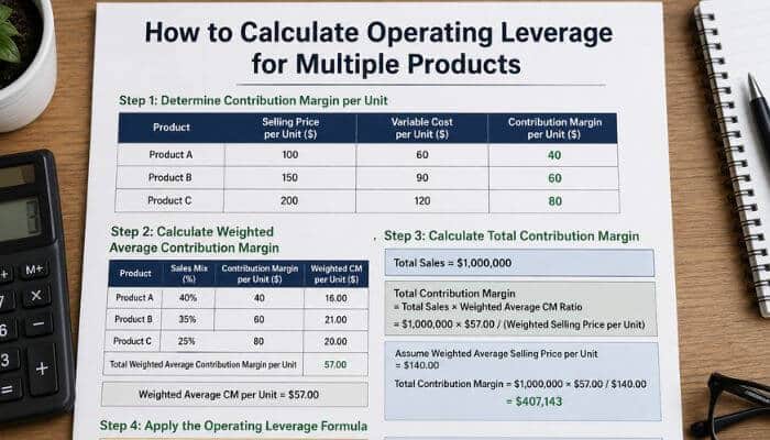 How to calculate operating leverage for multiple products 1 | tycoonstory media Operating leverage formula example showing how to calculate dol for multiple products using weighted contribution margin and operating income.