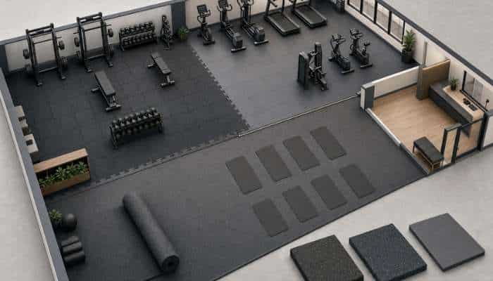 How to choose the best rubber gym flooring in australia 1 | tycoonstory media Spacious gym with cardio machines against the back wall, free weights on the left, a central mat and weight area, and a small reception/bench area on the right.