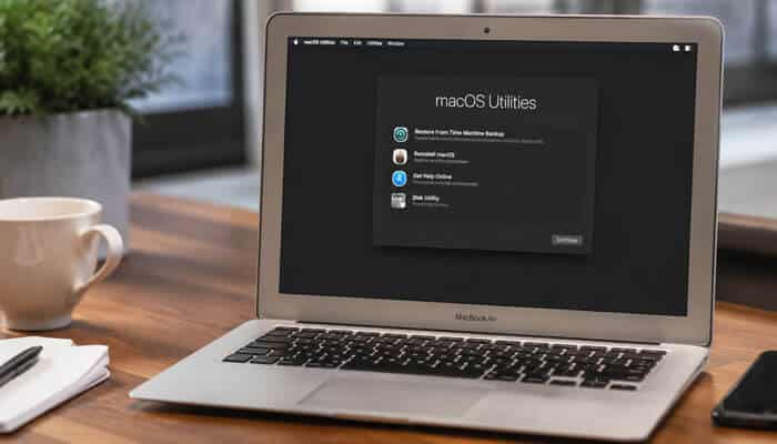 How to factory reset macbook air safely - tycoonstory | tycoonstory media How to factory reset macbook air using macos utilities with disk utility and reinstall macos options on the laptop screen.