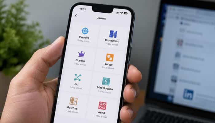 How to play all 8 linkedin games - tycoonstory | tycoonstory media Person playing linkedin games on a smartphone while viewing the daily puzzle collection.