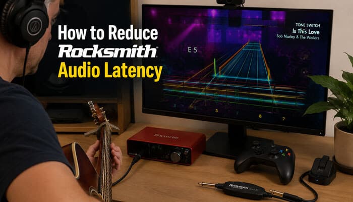 How to reduce rocksmith audio latency - tycoonstory | tycoonstory media Rocksmith real tone cable connected to guitar setup with audio interface and monitor showing gameplay to reduce audio latency