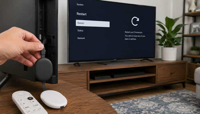 How to restart chromecast without erasing data - tycoonstory | tycoonstory media Hand reconnecting a chromecast behind a tv while the restart menu shows how to reset chromecast without deleting data.