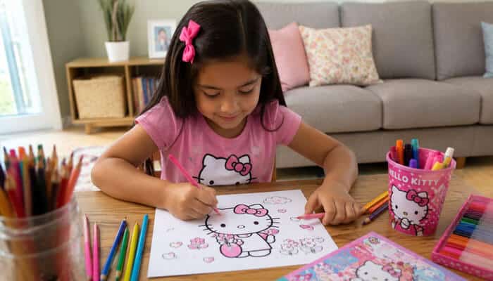 How to use hello kitty coloring pages at home - tycoonstory | tycoonstory media Young girl coloring a hello kitty coloring page at home with crayons and stationery supplies in a bright creative setting