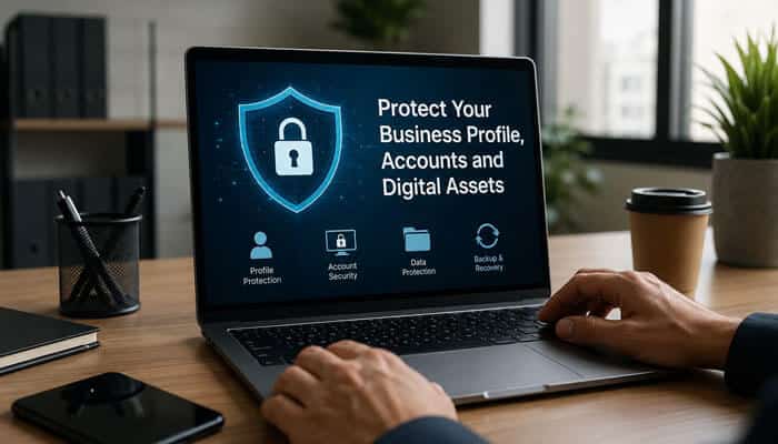 I want an imag of protect your business profile accounts and digital assets - tycoonstory | tycoonstory media Business owner using security tools to protect digital assets while managing seo services near me.