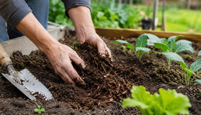 Improve soil with organic matter - tycoonstory | tycoonstory media Garden success through soil preparation with hands adding organic matter to garden soil for healthier plant growth.