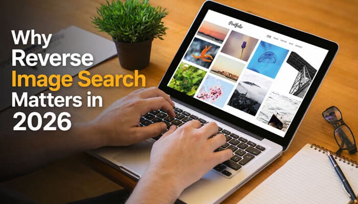 Why reverse image search matters in 2026 - tycoonstory | tycoonstory media Person using lenso ai reverse image search on a laptop to identify image sources, verify online content, find visually similar photos, detect duplicates, and improve digital research with ai-powered visual search technology.