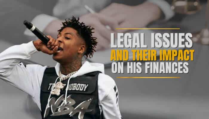Legal issues and their impact on his finances - tycoonstory | tycoonstory media Nba youngboy net worth analysis image showing the impact of legal issues on his finances, including career interruptions, legal expenses, lost opportunities, and music income challenges.