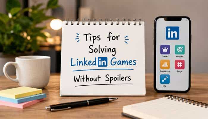Linkedin games 2 | tycoonstory media Desk calendar reads 'tips for solving linkedin games without spoilers' beside a smartphone showing linkedin icons on a desk.
